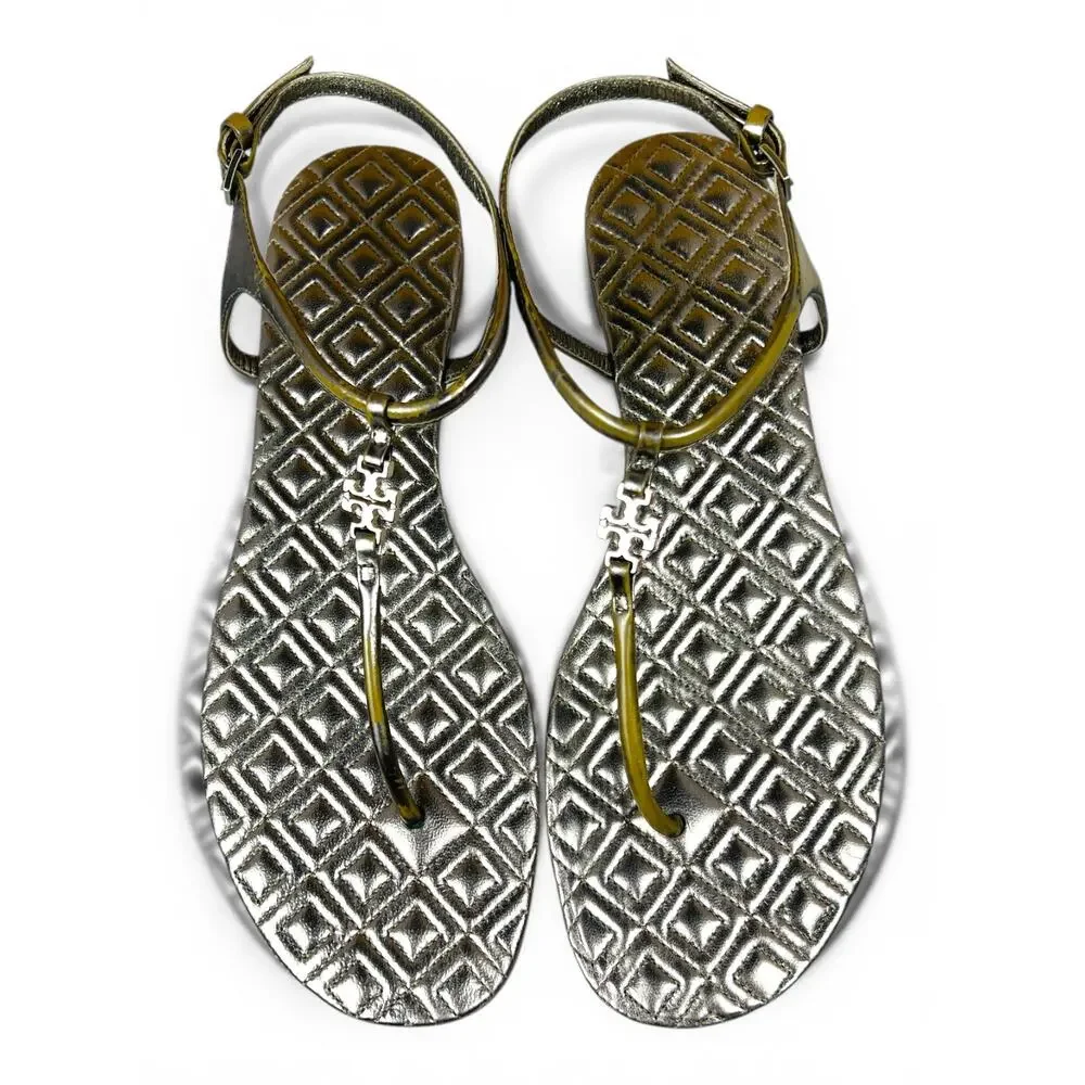 Tory Burch Marion Gold Metallic Quilted Leather Thong Sandals Logo Charm 9